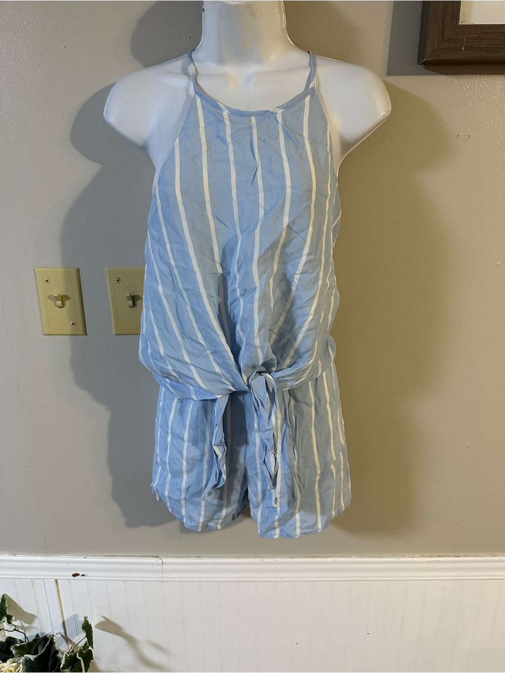 Lavender Brown Light Blue & White Striped Tie-Front Romper
